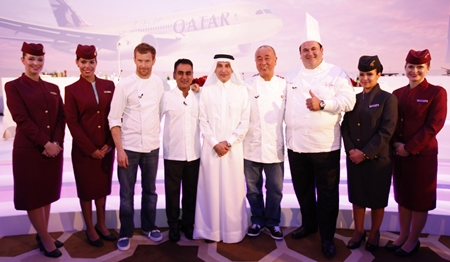 At a press conference in Doha, Qatar Airways Chief Executive Officer Akbar Al Baker hosted the airline’s new culinary dream team of internationally-acclaimed chefs inspiring new-look menus and cuisine from around the world. (l-r) Chef Tom Aikens, Chef Vineet Bhatia, Qatar Airways CEO Akbar Al Baker, Chef Nobu Matsuhisa and Chef Ramzi Choueiri.
